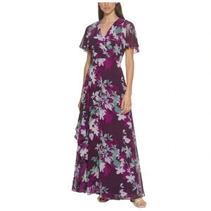 New Calvin Klein Purple Chiffon Floral Flutter Sleeve Surplice‎ Neckline Dress